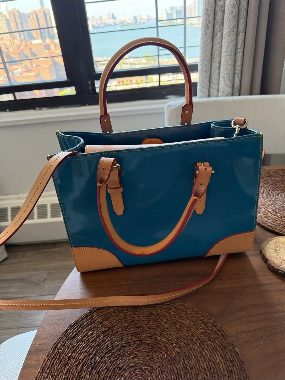 Dooney & Bourke Teal Patent Satchel with Tan Trim and Gold Logo